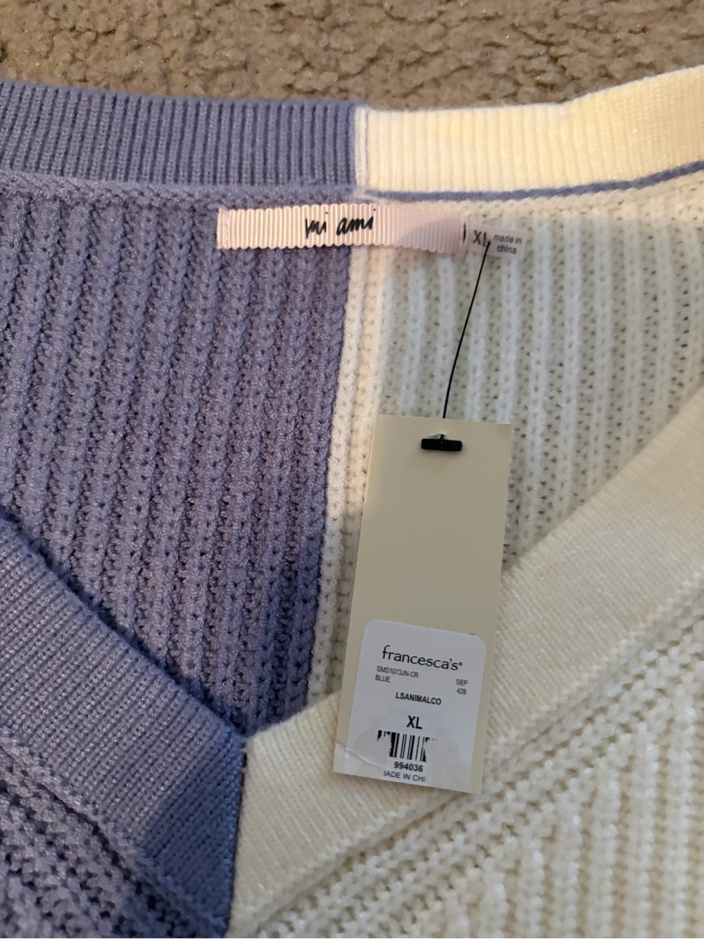 Francesca's Lavender and Cream Colorblock V-Neck Sweater